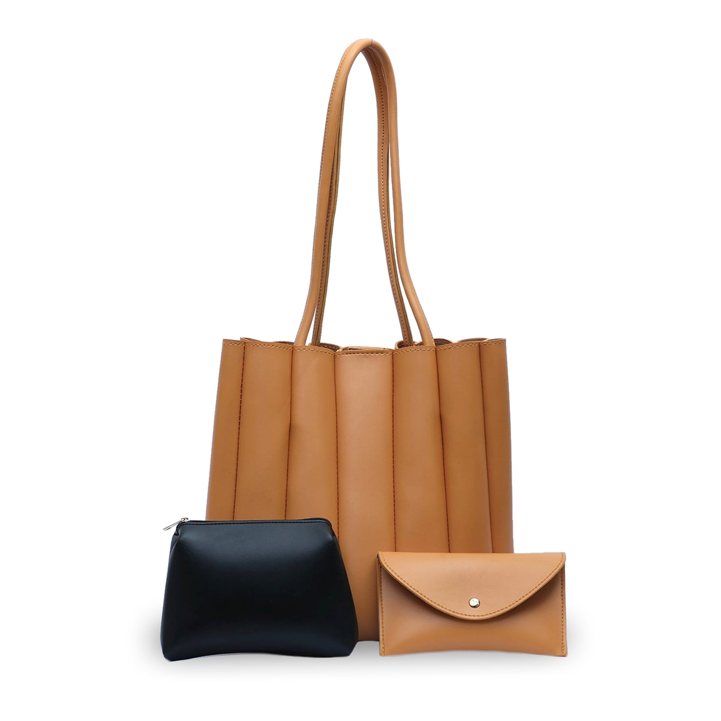 Pleated Tote Mustard Brown 3Pc