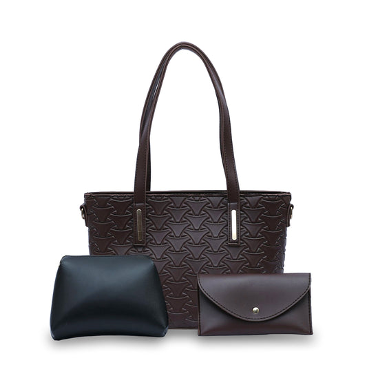 Textured Tote Choco Brown 3Pc Set