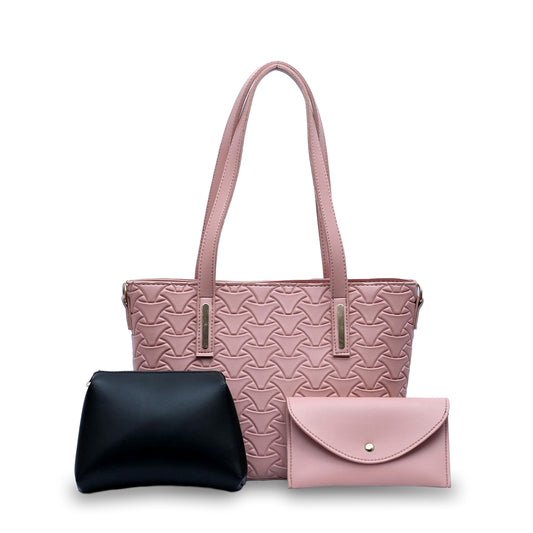 Textured Tote Pink 3Pc Set